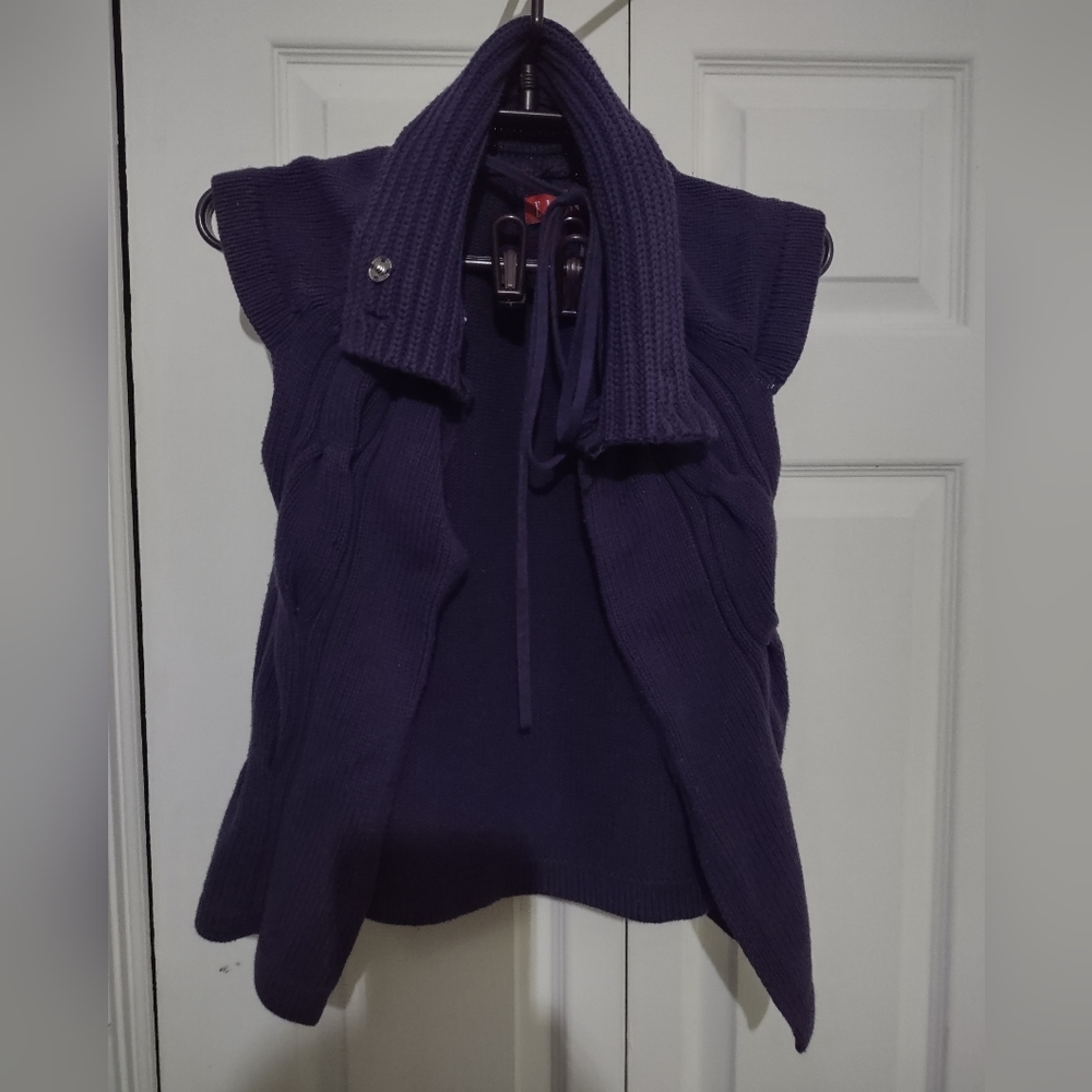 Elle Sweater Knit XS Purple Capelette Vest Cap Sleeves Button Tie Vintage
